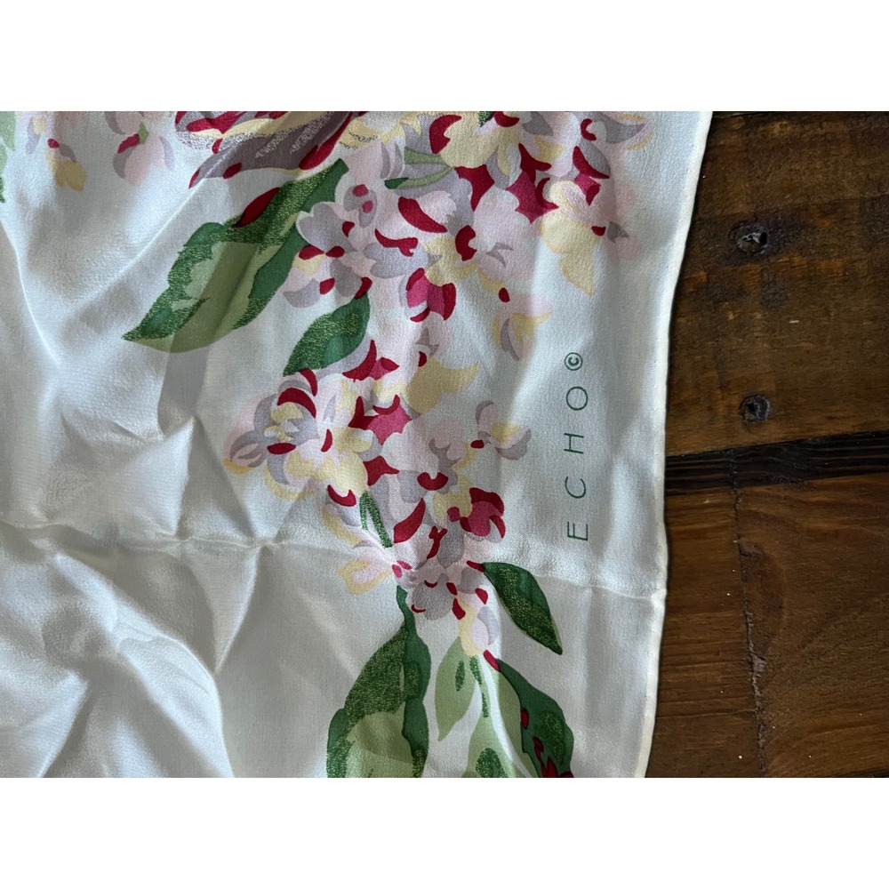 ECHO Silk Scarf Floral Rose Print Womens OS Ivory Red Vintage Aesthetic Luxury - Picture 4 of 5